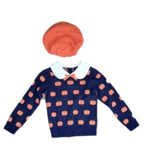 Janie And Jack Navy Sweater with Orange Pumpkin Pattern and Beret